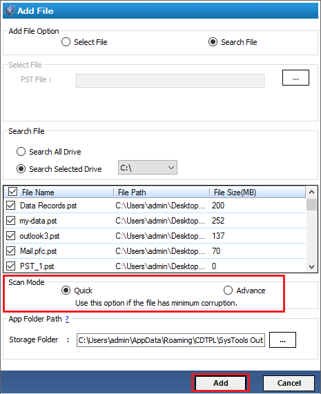 Dual modes to scan PST files