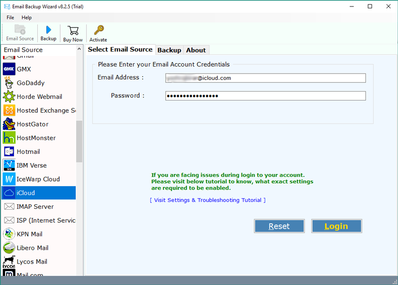 select mail and enter credentials