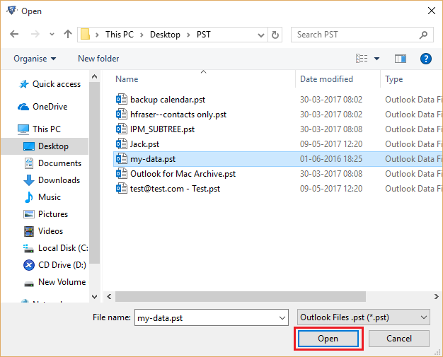 Select the PST file location