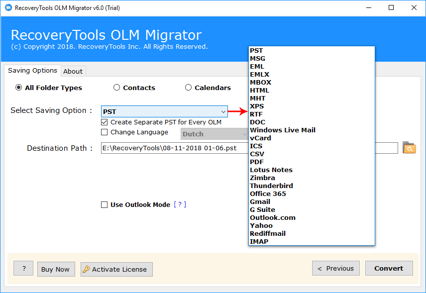 Select OLM to PST file saving option
