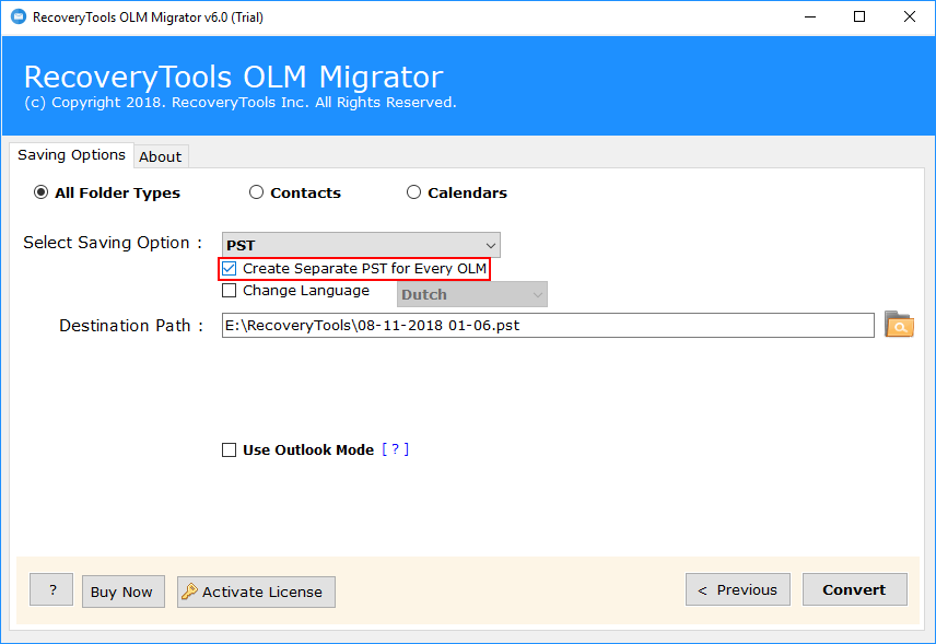 Create separate PST file for all OLM files