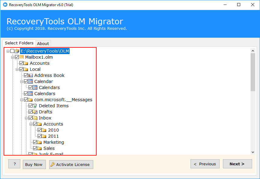 choose OLM folders for migration