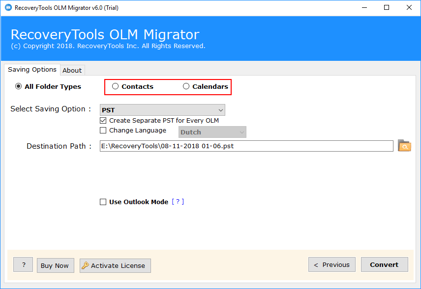 export olm contacts and calendars separately